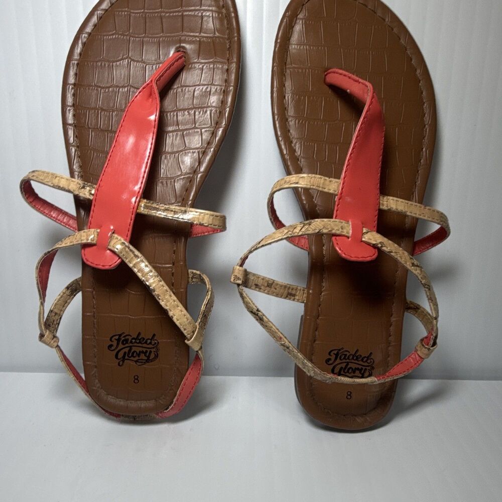 Faded Glory Strappy Flat Sandals Brown/Red Faux Leather Slip On Women’s 8